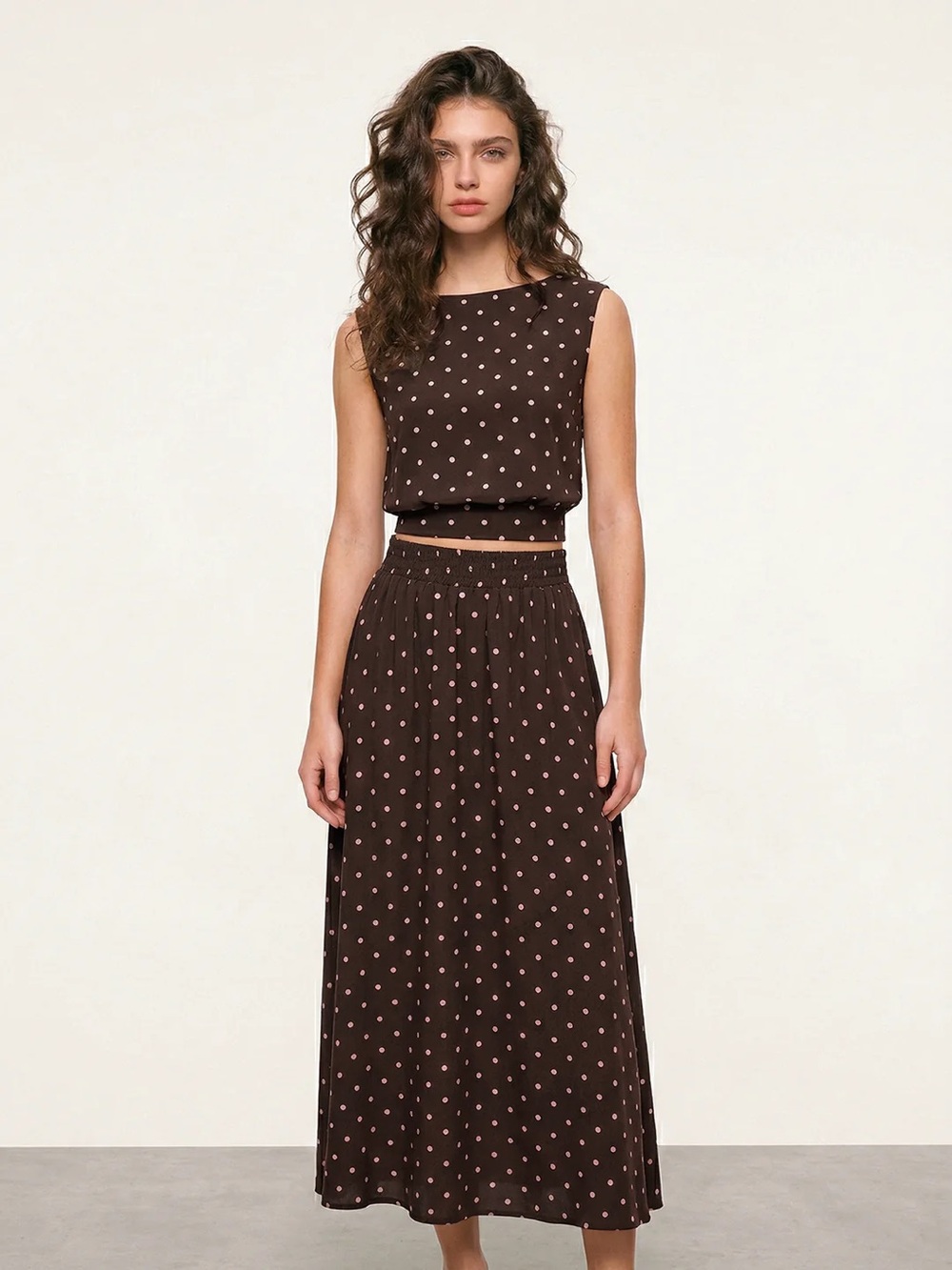 Commense Brown Polka Dot Two-Piece Skirt Set